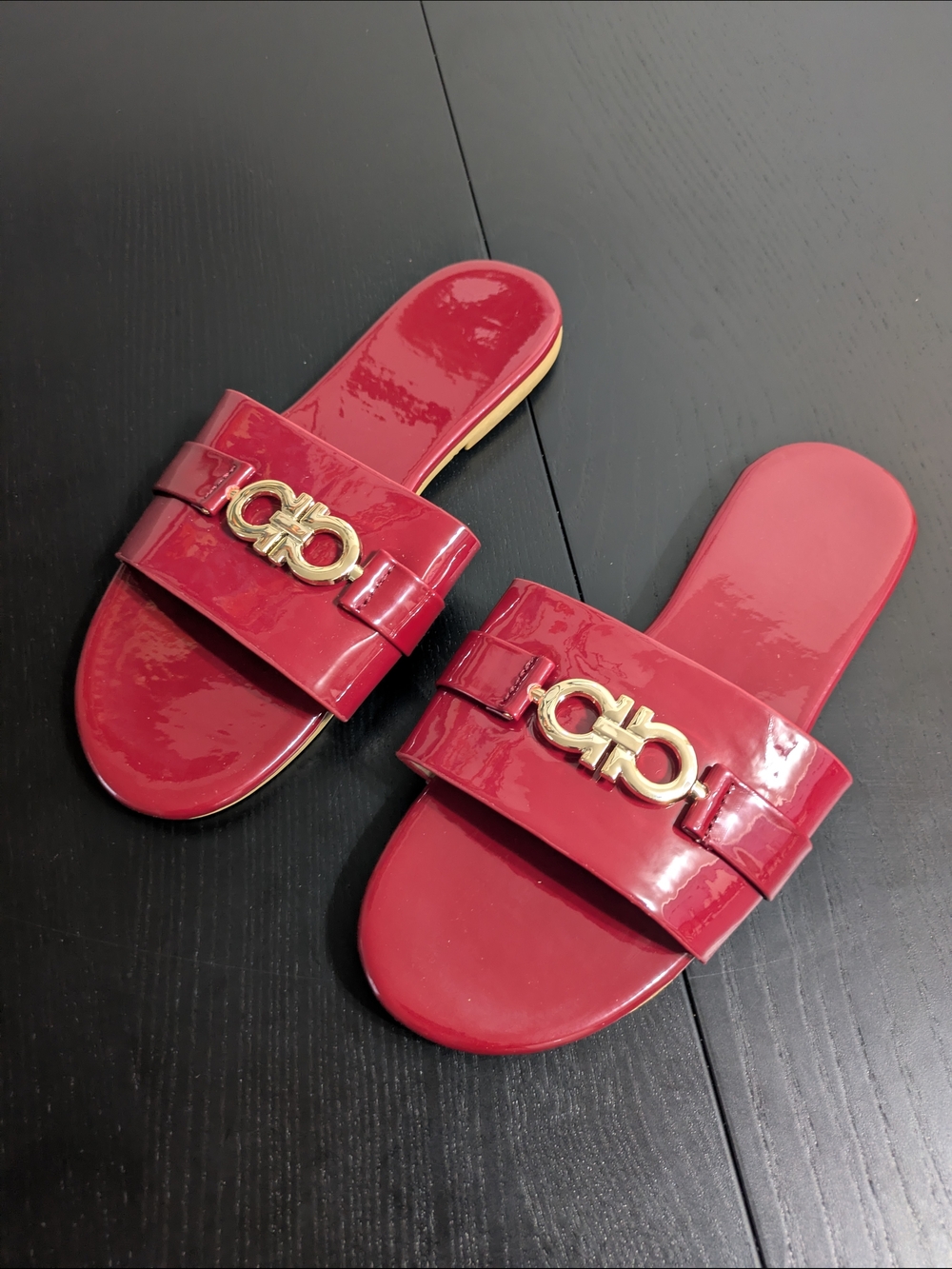 Salvatore Ferragamo Red Patent Slide Sandals with Gold Gancini